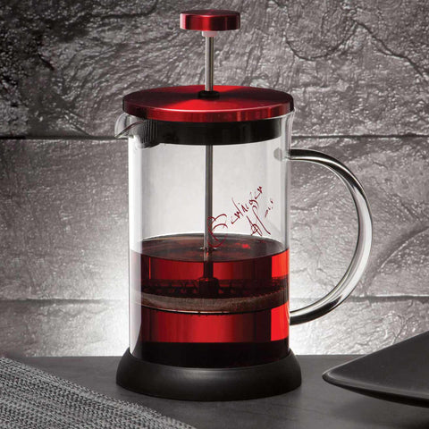 Product image of Coffee & tea plunger 800ml. Part of the Metallic Line Burgundy Edition . Features: • Coffee & tea plunger • Material: 18/10 stainless steel, borosilicate glass (1,8 mm ) • Capacity 800 ml • Colors: metallic burgundy. (Studio view). Official Berlinger Haus product, boosted by Promintra sl.