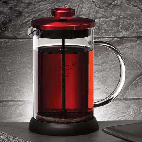 Product image of Coffee & tea plunger 800ml. Part of the Metallic Line Burgundy Edition . Features: • Coffee & tea plunger • Material: 18/10 stainless steel, borosilicate glass (1,8 mm ) • Capacity 800 ml • Colors: metallic burgundy. (Studio view). Official Berlinger Haus product, boosted by Promintra sl.