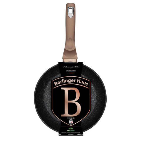 Product image of Wok 28cm. Part of the Metallic Line Rose Gold Edition . Features: • Material: forged aluminum • Wok Ø28*7,4 cm 3,2L • Color: metallic rose gold REGISTERED DESIGN BY BERLINGER HAUS!. (Studio view). Official Berlinger Haus product, boosted by Promintra sl.