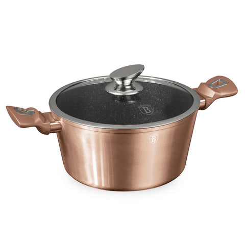 Product image of Casserole with lid 24cm. Part of the Metallic Line Rose Gold Edition . Features: • Material: forged aluminum • Casserole with lid Ø24*11,8 cm 4,1L • Color: metallic rose gold REGISTERED DESIGN BY BERLINGER HAUS!. (Studio view). Official Berlinger Haus product, boosted by Promintra sl.