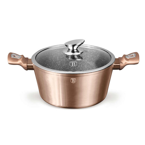 Product image of Casserole with lid 24cm. Part of the Metallic Line Rose Gold Edition . Features: • Material: forged aluminum • Casserole with lid Ø24*11,8 cm 4,1L • Color: metallic rose gold REGISTERED DESIGN BY BERLINGER HAUS!. (Studio view). Official Berlinger Haus product, boosted by Promintra sl.