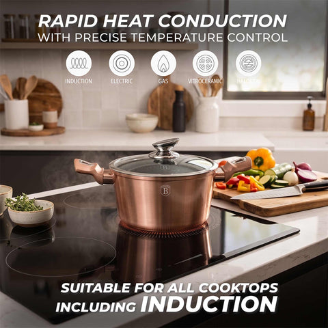 Product image of Casserole with lid 28cm. Part of the Metallic Line Rose Gold Edition . Features: • Material: forged aluminum • Casserole with lid Ø28*12,4 cm 6,1L • Color: metallic rose gold REGISTERED DESIGN BY BERLINGER HAUS!. (Studio view). Official Berlinger Haus product, boosted by Promintra sl.