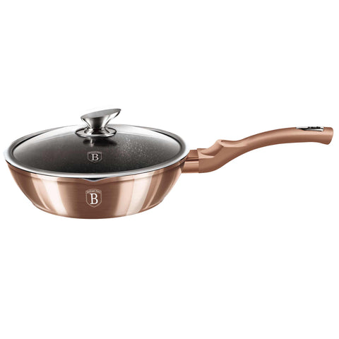 Product image of Deep frypan with lid 24cm. Part of the Metallic Line Rose Gold Edition . Features: • Material: forged aluminum • Deep frypan with lid Ø24*6,5 cm 2,3L • Color: metallic rose gold REGISTERED DESIGN BY BERLINGER HAUS!. (Studio view). Official Berlinger Haus product, boosted by Promintra sl.
