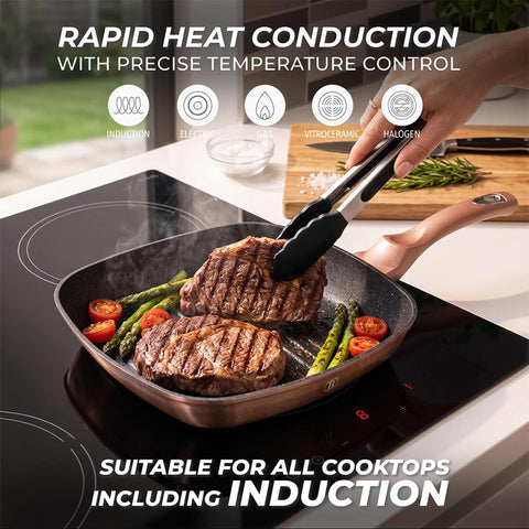 Product image of Grill pan 28cm. Part of the Metallic Line Rose Gold Edition . Features: • Material: forged aluminum • Grill pan Ø28*4,1 cm 2,1L • Color: metallic rose gold REGISTERED DESIGN BY BERLINGER HAUS!. (Studio view). Official Berlinger Haus product, boosted by Promintra sl.