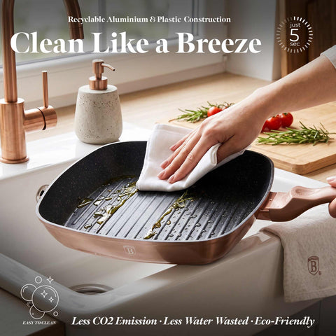Product image of Grill pan 28cm. Part of the Metallic Line Rose Gold Edition . Features: • Material: forged aluminum • Grill pan Ø28*4,1 cm 2,1L • Color: metallic rose gold REGISTERED DESIGN BY BERLINGER HAUS!. (Studio view). Official Berlinger Haus product, boosted by Promintra sl.