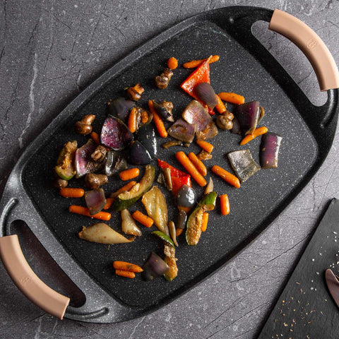  BH/1590, Plancha para asar 47 cm, Oro rosa, plancha para asar, parrilla, mango de silicona, sartenes, sartén para asar