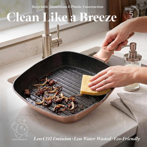 Product image of Grill pan with lid 28cm. Part of the Metallic Line Rose Gold Edition . Features: • Material: forged aluminum • Grill pan with lid Ø28*4,1 cm 2,1L • Color: metallic rose gold REGISTERED DESIGN BY BERLINGER HAUS!. (Studio view). Official Berlinger Haus product, boosted by Promintra sl.
