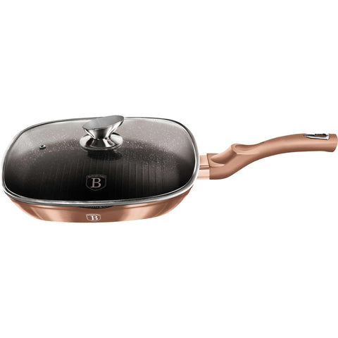 Product image of Grill pan with lid 28cm. Part of the Metallic Line Rose Gold Edition . Features: • Material: forged aluminum • Grill pan with lid Ø28*4,1 cm 2,1L • Color: metallic rose gold REGISTERED DESIGN BY BERLINGER HAUS!. (Studio view). Official Berlinger Haus product, boosted by Promintra sl.