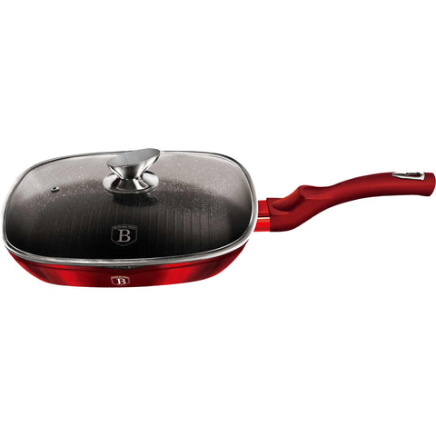 Product image of Grill pan with lid 28cm. Part of the Metallic Line Burgundy Edition . Features: • Material: forged aluminum • Grill pan with lid Ø28*4,1 cm 2,1L • Color: metallic burgundy REGISTERED DESIGN BY BERLINGER HAUS!. (Studio view). Official Berlinger Haus product, boosted by Promintra sl.