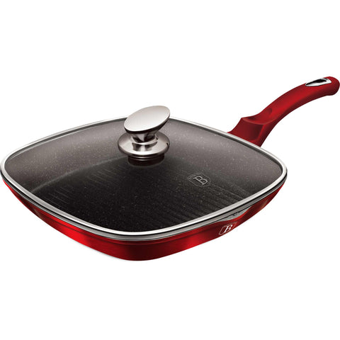 sartén, sartén para freír, sartén para parrilla, sartén para parrilla con tapa, batería de cocina, cocinar, sartén para parrilla de 28 cm con tapa, burdeos/rojo, BH/1613N