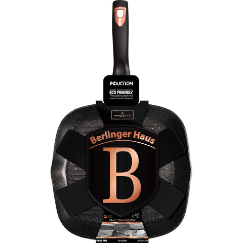 Product image of Grill pan 28cm. Part of the Black Rose Collection . Features: • Material: forged aluminum • Grill pan Ø28*4,1 cm 2,1L • Color: matt black- rose gold REGISTERED DESIGN BY BERLINGER HAUS!. (Studio view). Official Berlinger Haus product, boosted by Promintra sl.