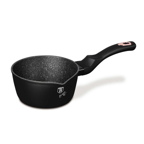 Product image of Sauce pan 16cm. Part of the Black Rose Collection . Features: • Material: forged aluminum • Sauce pan Ø16*7,5 cm 1,2L • Color: matt black- rose gold REGISTERED DESIGN BY BERLINGER HAUS!. (Studio view). Official Berlinger Haus product, boosted by Promintra sl.