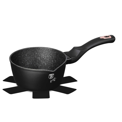 Product image of Sauce pan 16cm. Part of the Black Rose Collection . Features: • Material: forged aluminum • Sauce pan Ø16*7,5 cm 1,2L • Color: matt black- rose gold REGISTERED DESIGN BY BERLINGER HAUS!. (Studio view). Official Berlinger Haus product, boosted by Promintra sl.
