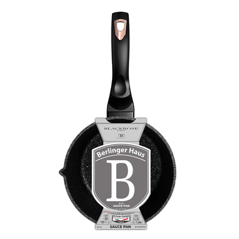 Product image of Sauce pan 16cm. Part of the Black Rose Collection . Features: • Material: forged aluminum • Sauce pan Ø16*7,5 cm 1,2L • Color: matt black- rose gold REGISTERED DESIGN BY BERLINGER HAUS!. (Studio view). Official Berlinger Haus product, boosted by Promintra sl.