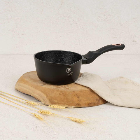 Product image of Sauce pan 16cm. Part of the Black Rose Collection . Features: • Material: forged aluminum • Sauce pan Ø16*7,5 cm 1,2L • Color: matt black- rose gold REGISTERED DESIGN BY BERLINGER HAUS!. (Studio view). Official Berlinger Haus product, boosted by Promintra sl.
