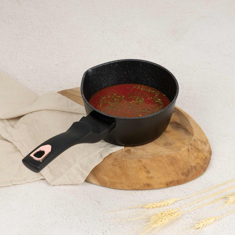 Product image of Sauce pan 16cm. Part of the Black Rose Collection . Features: • Material: forged aluminum • Sauce pan Ø16*7,5 cm 1,2L • Color: matt black- rose gold REGISTERED DESIGN BY BERLINGER HAUS!. (Studio view). Official Berlinger Haus product, boosted by Promintra sl.