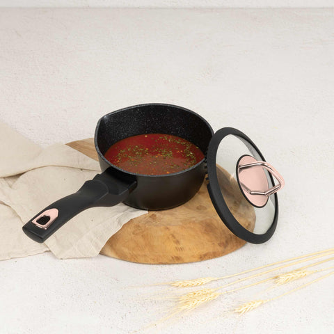 Product image of Sauce pan 16cm. Part of the Black Rose Collection . Features: • Material: forged aluminum • Sauce pan Ø16*7,5 cm 1,2L • Color: matt black- rose gold REGISTERED DESIGN BY BERLINGER HAUS!. (Studio view). Official Berlinger Haus product, boosted by Promintra sl.