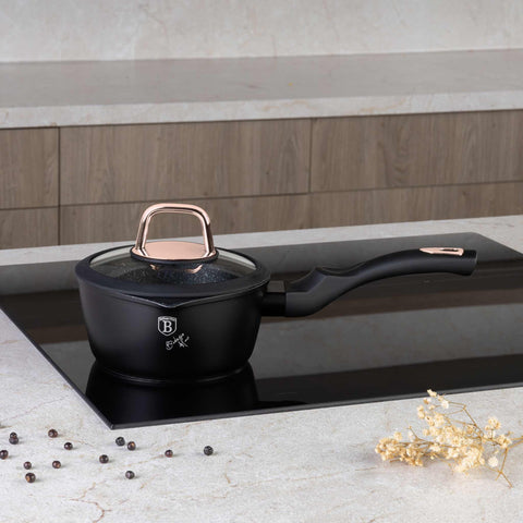 Product image of Sauce pan 16cm. Part of the Black Rose Collection . Features: • Material: forged aluminum • Sauce pan Ø16*7,5 cm 1,2L • Color: matt black- rose gold REGISTERED DESIGN BY BERLINGER HAUS!. (Studio view). Official Berlinger Haus product, boosted by Promintra sl.