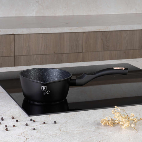 Product image of Sauce pan 16cm. Part of the Black Rose Collection . Features: • Material: forged aluminum • Sauce pan Ø16*7,5 cm 1,2L • Color: matt black- rose gold REGISTERED DESIGN BY BERLINGER HAUS!. (Studio view). Official Berlinger Haus product, boosted by Promintra sl.
