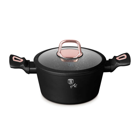 Product image of Casserole with lid 20cm. Part of the Black Rose Collection . Features: • Material: forged aluminum • Casserole with lid Ø20*10,4 cm 2,5L • Color: matt black- rose gold REGISTERED DESIGN BY BERLINGER HAUS!. (Studio view). Official Berlinger Haus product, boosted by Promintra sl.