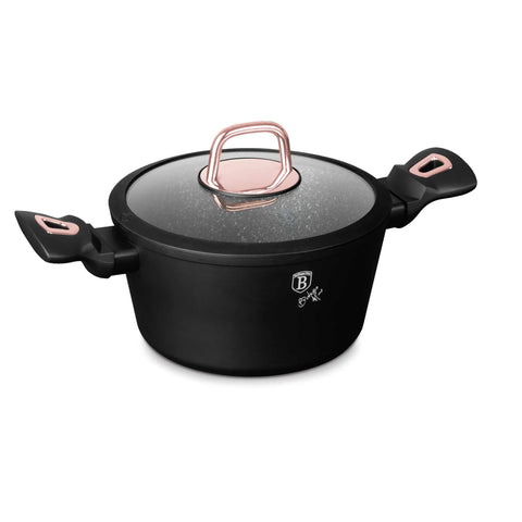Product image of Casserole with lid 20cm. Part of the Black Rose Collection . Features: • Material: forged aluminum • Casserole with lid Ø20*10,4 cm 2,5L • Color: matt black- rose gold REGISTERED DESIGN BY BERLINGER HAUS!. (Studio view). Official Berlinger Haus product, boosted by Promintra sl.