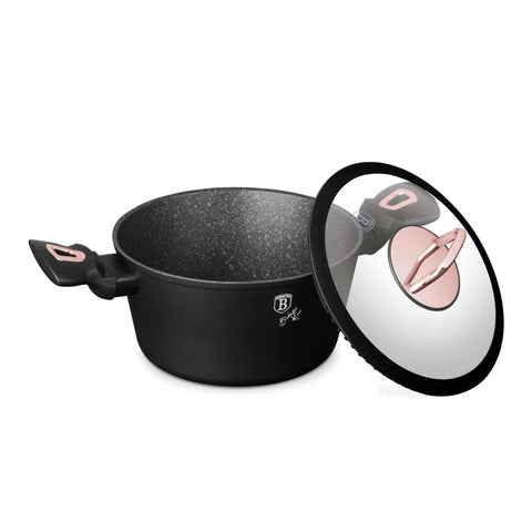Product image of Casserole with lid 20cm. Part of the Black Rose Collection . Features: • Material: forged aluminum • Casserole with lid Ø20*10,4 cm 2,5L • Color: matt black- rose gold REGISTERED DESIGN BY BERLINGER HAUS!. (Studio view). Official Berlinger Haus product, boosted by Promintra sl.