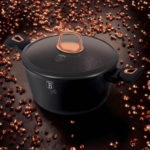 Product image of Casserole with lid 20cm. Part of the Black Rose Collection . Features: • Material: forged aluminum • Casserole with lid Ø20*10,4 cm 2,5L • Color: matt black- rose gold REGISTERED DESIGN BY BERLINGER HAUS!. (Studio view). Official Berlinger Haus product, boosted by Promintra sl.
