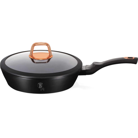 Product image of Deep frypan with lid 24cm. Part of the Black Rose Collection . Features: • Material: forged aluminum • Deep frypan with lid Ø24*6,5 cm 2,3L • Color: matt black- rose gold REGISTERED DESIGN BY BERLINGER HAUS!. (Studio view). Official Berlinger Haus product, boosted by Promintra sl.
