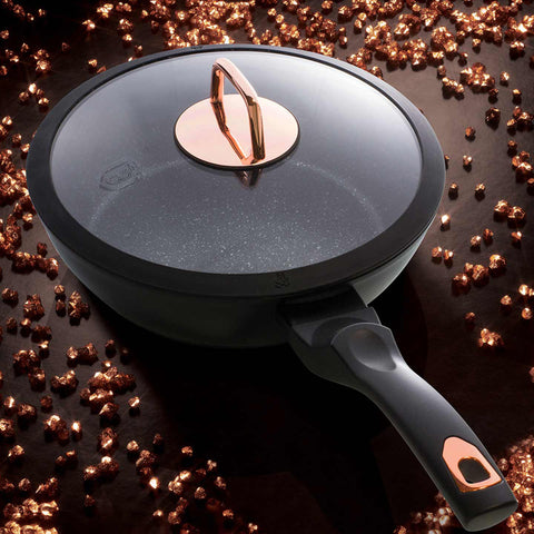 Product image of Deep frypan with lid 24cm. Part of the Black Rose Collection . Features: • Material: forged aluminum • Deep frypan with lid Ø24*6,5 cm 2,3L • Color: matt black- rose gold REGISTERED DESIGN BY BERLINGER HAUS!. (Studio view). Official Berlinger Haus product, boosted by Promintra sl.