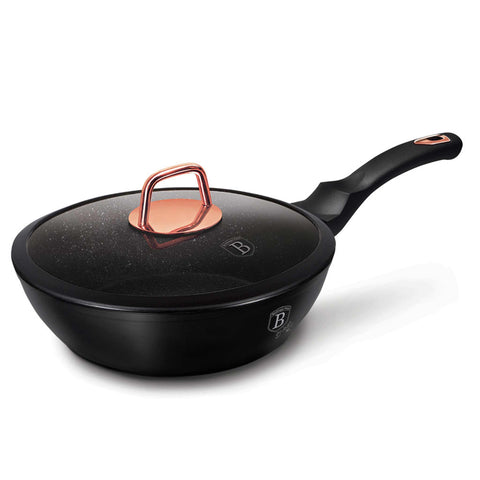 sartén, sartén honda, sartén honda con tapa, sartén, batería de cocina, cocinar, sartén honda de 24 cm, negro/oro rosa, BH/1643N