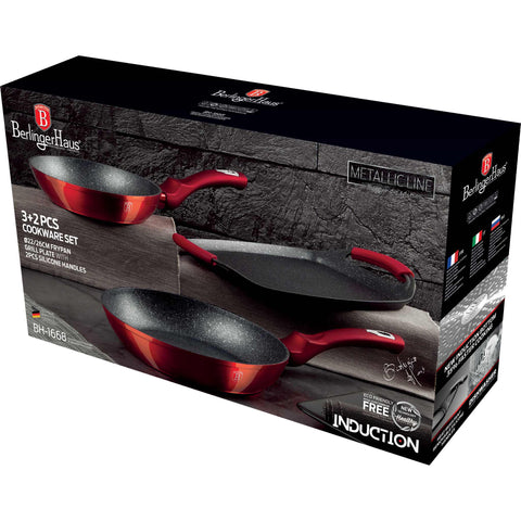  BH/1668, Juego de sartenes y parrilla (3+2 piezas), color burdeos, rojo, juego de sartenes (3+2 piezas), sartén, juego de sartenes, sartén, juego de sartenes, parrilla, utensilios de cocina, cocina, sartenes, juego de sartenes