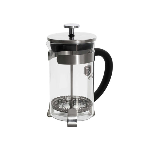 Product image of Coffee & tea plunger 800ml. Part of the Black Vantage Collection/Matte Black Collection/Black Silver Collection/Eternal Collection . Features: • Material: glass/ 18/10 stainless steel • Capacity 800 ml • Color: stainless steel. (Studio view). Official Berlinger Haus product, boosted by Promintra sl.