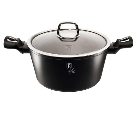 Product image of Casserole with lid 24cm. Part of the Black Silver Collection . Features: • Material: forged aluminum • Stock pot with lid Ø24*11,8 cm 4,1L • Color: matt black- silver REGISTERED DESIGN BY BERLINGER HAUS!. (Studio view). Official Berlinger Haus product, boosted by Promintra sl.