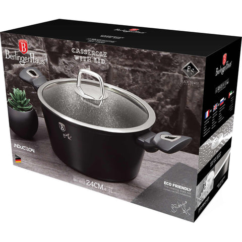 Product image of Casserole with lid 24cm. Part of the Black Silver Collection . Features: • Material: forged aluminum • Stock pot with lid Ø24*11,8 cm 4,1L • Color: matt black- silver REGISTERED DESIGN BY BERLINGER HAUS!. (Studio view). Official Berlinger Haus product, boosted by Promintra sl.