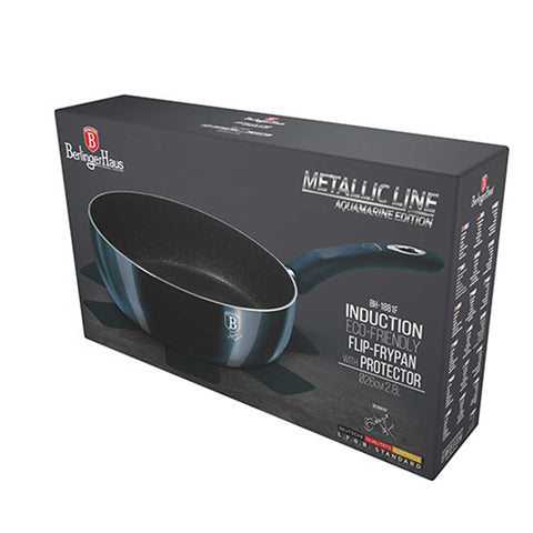 Product image of Flip frypan 26cm. Part of the Metallic Line Aquamarine Edition . Features: • Material: stamp aluminum • Flip frypan Ø26 cm 2,8L • Color: metallic aquamarine REGISTERED DESIGN BY BERLINGER HAUS!. (Studio view). Official Berlinger Haus product, boosted by Promintra sl.