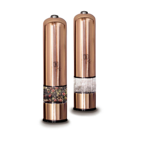 Product image of Electric pepper and salt mill 2pcs set. Part of the Metallic Line Rose Gold Edition . Features: • Material: stainless steel with CERAMIC grinder • Batteries: 4 pcs AA (not inc.) • WITH LIGHT • Color: rose gold • 2 pcs set. (Conceptual view). Official Berlinger Haus product, boosted by Promintra sl.