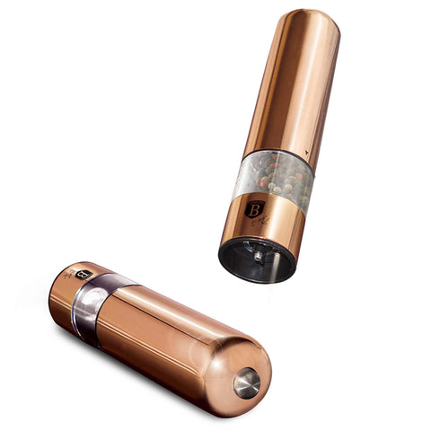 Product image of Electric pepper and salt mill 2pcs set. Part of the Metallic Line Rose Gold Edition . Features: • Material: stainless steel with CERAMIC grinder • Batteries: 4 pcs AA (not inc.) • WITH LIGHT • Color: rose gold • 2 pcs set. (Conceptual view). Official Berlinger Haus product, boosted by Promintra sl.