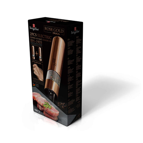 Product image of Electric pepper and salt mill 2pcs set. Part of the Metallic Line Rose Gold Edition . Features: • Material: stainless steel with CERAMIC grinder • Batteries: 4 pcs AA (not inc.) • WITH LIGHT • Color: rose gold • 2 pcs set. (Conceptual view). Official Berlinger Haus product, boosted by Promintra sl.