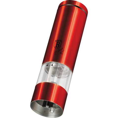 Product image of Electric pepper and salt mill. Part of the Metallic Line Burgundy Edition . Features: • Material: stainless steel with CERAMIC grinder • Batteries: 4 pcs AA (not inc.) • WITH LIGHT • Color: burgundy. (Studio view). Official Berlinger Haus product, boosted by Promintra sl.