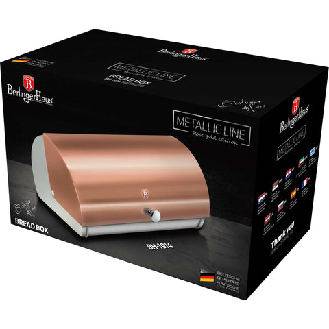 Product image of Bread box. Part of the Metallic Line Rose Gold Edition . Features: • Material: stainless steel • Size: 38,5*28*18,5 cm • Outside color: metallic rose gold. (Conceptual view). Official Berlinger Haus product, boosted by Promintra sl.