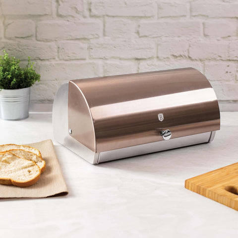Product image of Bread box. Part of the Metallic Line Rose Gold Edition . Features: • Material: stainless steel • Size: 38,5*28*18,5 cm • Outside color: metallic rose gold. (Conceptual view). Official Berlinger Haus product, boosted by Promintra sl.