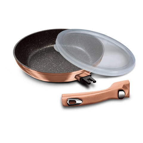 Product image of Frypan 28cm with detachable handle. Part of the Metallic Line Rose Gold Edition . Features: • Material: forged aluminum • Frypan Ø28*5,2 cm 2,4L • 1 pcs smart lid • STACKABLE - SPACE SAVING • Color: metallic rose gold • OVEN SAFE, IF THE H.... (Giftbox view). Official Berlinger Haus product, boosted by Promintra sl.