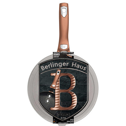 Product image of Frypan 28cm with detachable handle. Part of the Metallic Line Rose Gold Edition . Features: • Material: forged aluminum • Frypan Ø28*5,2 cm 2,4L • 1 pcs smart lid • STACKABLE - SPACE SAVING • Color: metallic rose gold • OVEN SAFE, IF THE H.... (Giftbox view). Official Berlinger Haus product, boosted by Promintra sl.