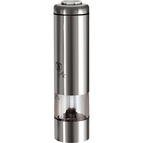 Product image of Electric pepper and salt mill. Part of the Black Vantage Collection/Matte Black Collection/Black Silver Collection/Eternal Collection . Features: • Material: stainless steel with CERAMIC grinder • Batteries: 4 pcs AA (not inc.) • WITH LIGHT • Color: stainless steel • Packing: half giftbox. (Studio view). Official Berlinger Haus product, boosted by Promintra sl.