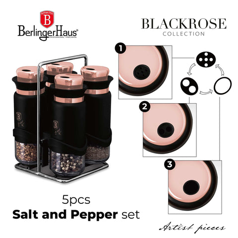 Product image of 5pcs spice rack. Part of the Black Rose Collection . Features: • Material: stainless steel + glass + plastic with shiny chromed wire rack • Include: • 4 pcs spice shaker • 1 pc stand • Color: black- rose gold. (Conceptual view). Official Berlinger Haus product, boosted by Promintra sl.