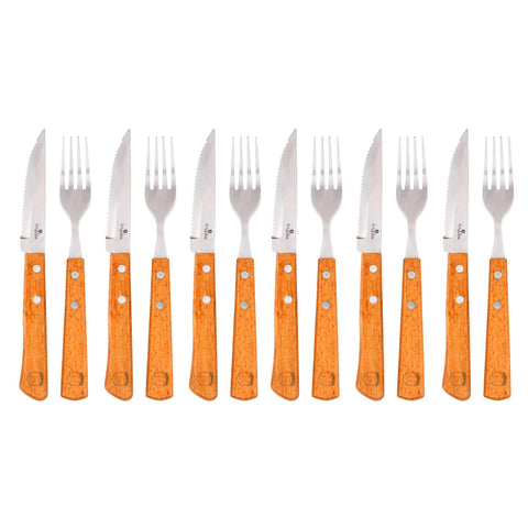 Product image of 12pcs steak knife set with wood handle. Part of the Steak sets . Features: • Material: stainless steel/ wood • Steak knife 6 pcs • Fork 6 pcs • Color: brown. (Studio view). Official Berlinger Haus product, boosted by Promintra sl.
