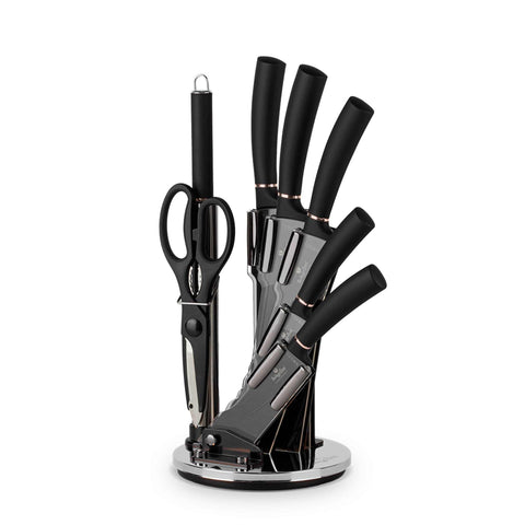 Product image of 8pcs knife set with acrylic stand. Part of the Black Rose Collection . Features: • Material: stainless steel with black non-stick coating • Chef knife 20 cm • Bread knife 20 cm • Santoku knife 17,5 cm • Utility knife 12,5 cm • P.... (Studio view). Official Berlinger Haus product, boosted by Promintra sl.