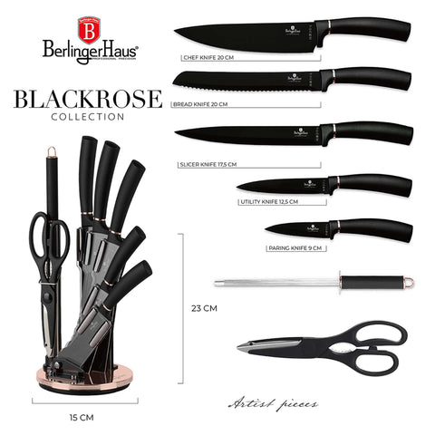 Product image of 8pcs knife set with acrylic stand. Part of the Black Rose Collection . Features: • Material: stainless steel with black non-stick coating • Chef knife 20 cm • Bread knife 20 cm • Santoku knife 17,5 cm • Utility knife 12,5 cm • P.... (Studio view). Official Berlinger Haus product, boosted by Promintra sl.