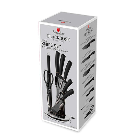 Product image of 8pcs knife set with acrylic stand. Part of the Black Rose Collection . Features: • Material: stainless steel with black non-stick coating • Chef knife 20 cm • Bread knife 20 cm • Santoku knife 17,5 cm • Utility knife 12,5 cm • P.... (Studio view). Official Berlinger Haus product, boosted by Promintra sl.