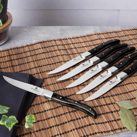  BH/2469, juego de 6 cuchillos para carne con mango de madera negra, madera negra, juego de 6 cuchillos para carne, juego de cuchillos para carne, cuchillos para carne, mango de madera, cuchillos y herramientas de corte, cuchillo para carne